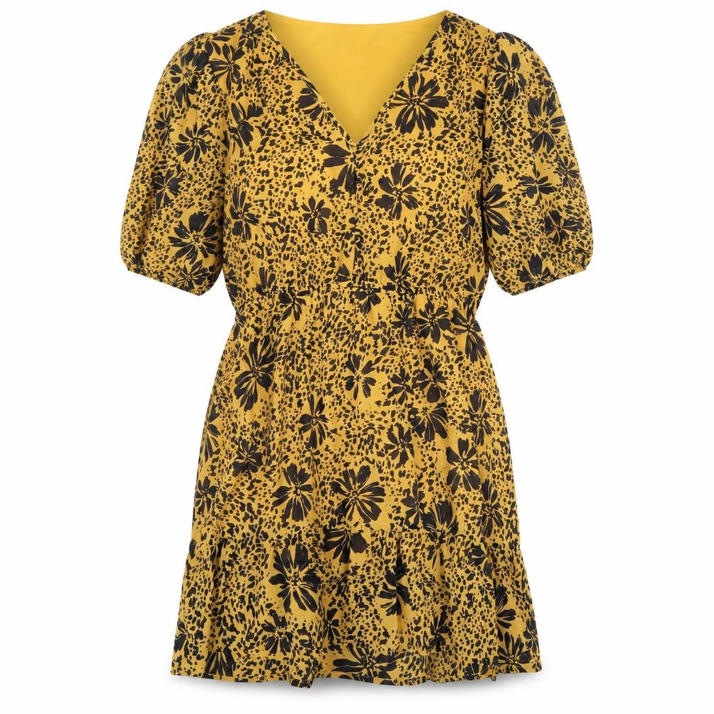 Quiz Womens Yellow Floral Polyester A-Line Size 14 V-Neck Pullover - Puff Sleeve