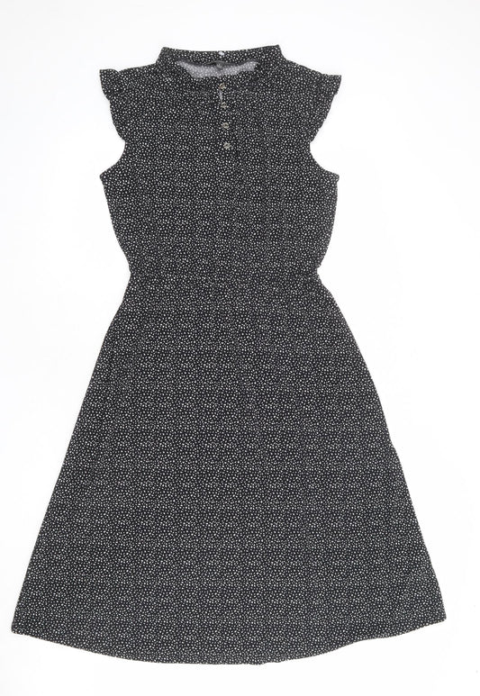 Adrianna Papell Womens Black Geometric Polyester Fit & Flare Size S Mock Neck Button