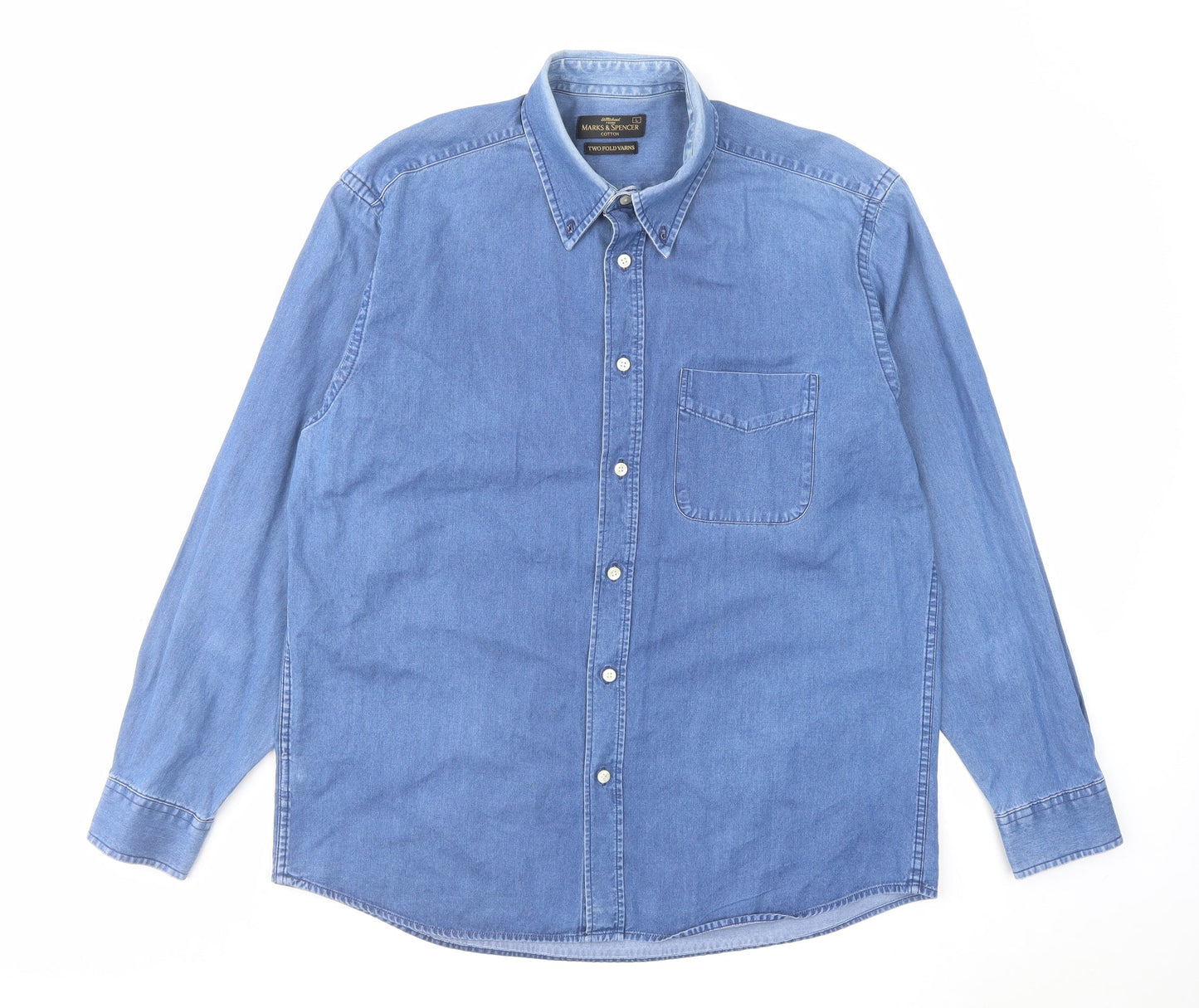 Marks and Spencer Mens Blue Cotton Button-Up Size L Collared Button