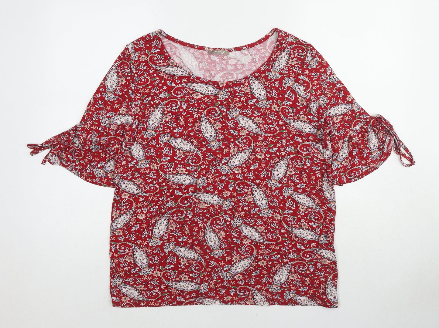 ORSAY Womens Red Paisley Viscose Basic Blouse Size L Boat Neck - Tie Sleeve Detail