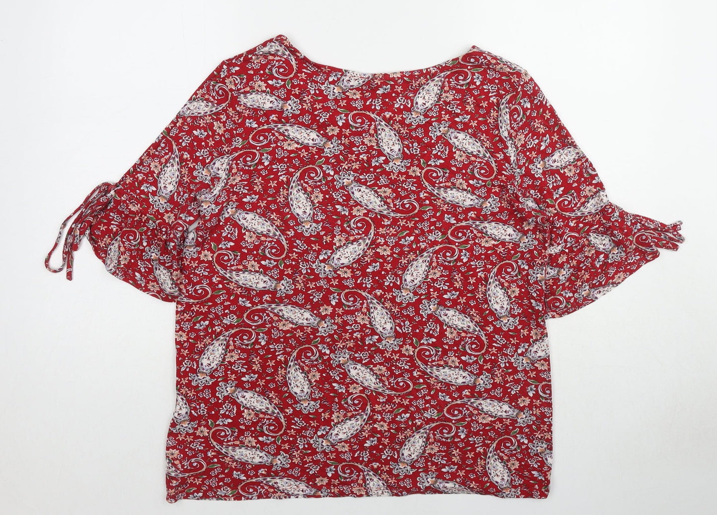 ORSAY Womens Red Paisley Viscose Basic Blouse Size L Boat Neck - Tie Sleeve Detail