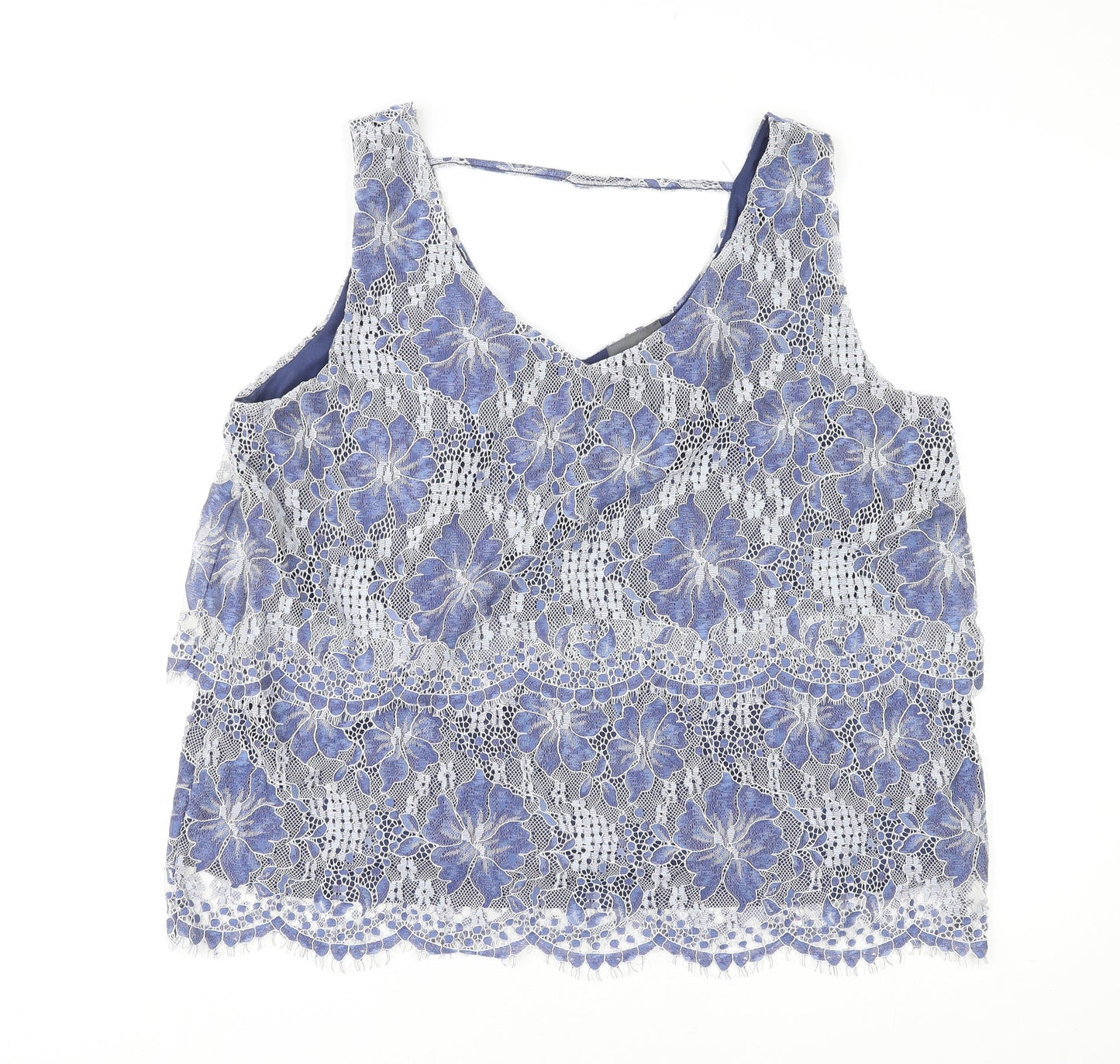 Yessica Womens Blue Floral Nylon Basic Tank Size L V-Neck