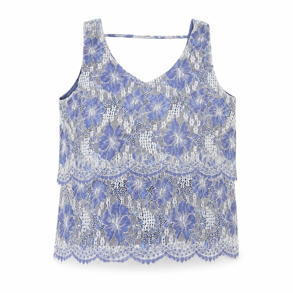 Yessica Womens Blue Floral Nylon Basic Tank Size L V-Neck