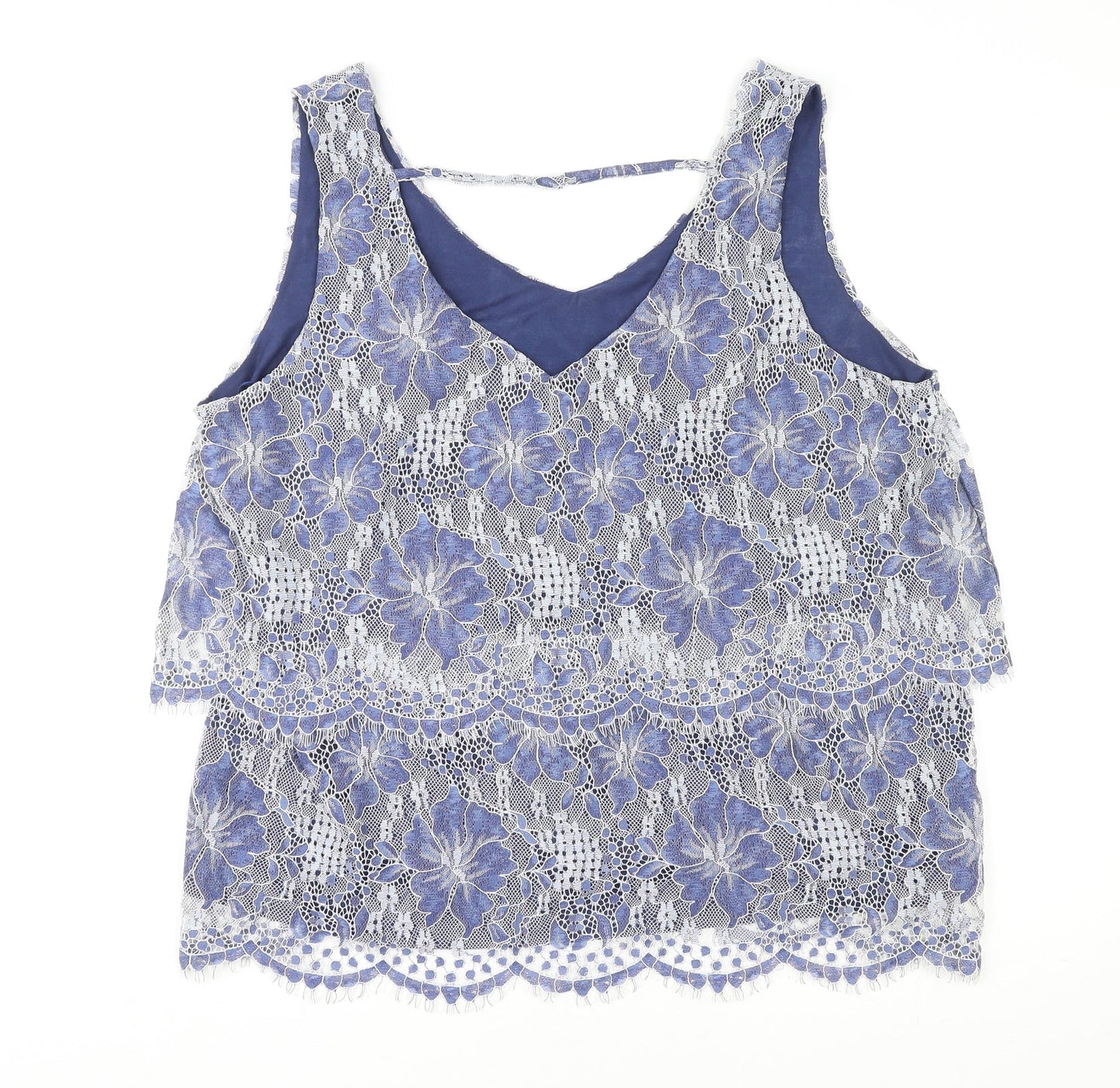 Yessica Womens Blue Floral Nylon Basic Tank Size L V-Neck