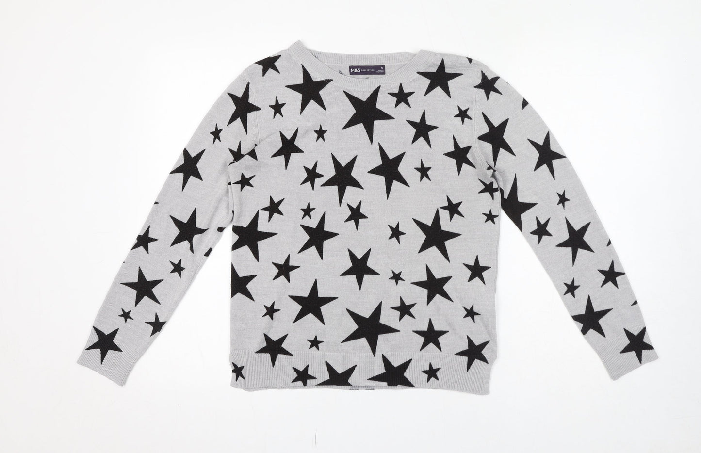 Marks and Spencer Womens Grey Crew Neck Geometric Acrylic Pullover Jumper Size 12 - Star pattern