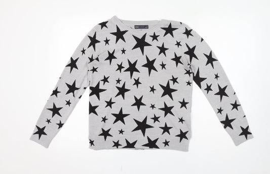 Marks and Spencer Womens Grey Crew Neck Geometric Acrylic Pullover Jumper Size 12 - Star pattern