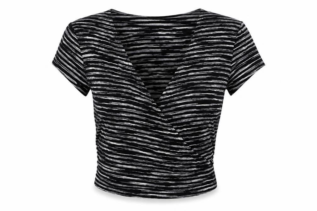 Miss Selfridge Womens Black Striped Viscose Cropped T-Shirt Size 8 V-Neck