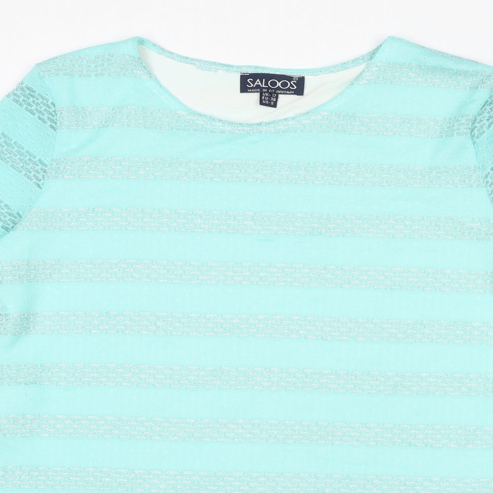 Saloos Womens Blue Striped Viscose Basic T-Shirt Size 12 Round Neck