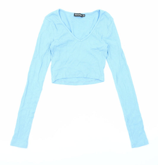 PRETTYLITTLETHING Womens Blue Polyester Cropped Blouse Size 4 V-Neck