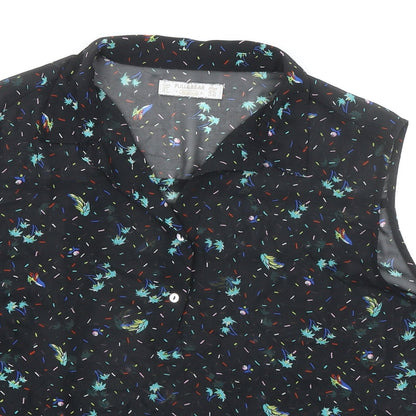 Pull&Bear Womens Black Geometric Polyester Basic Blouse Size L Collared