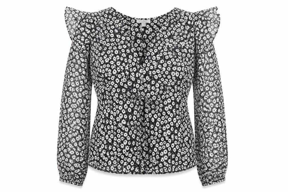 New Look Womens Black Geometric Polyester Basic Blouse Size 8 V-Neck
