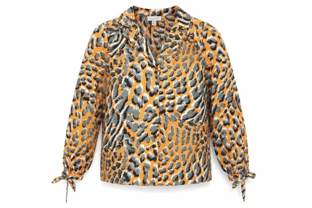 Topshop Womens Orange Animal Print Polyester Basic Button-Up Size 8 V-Neck - Leopard Print