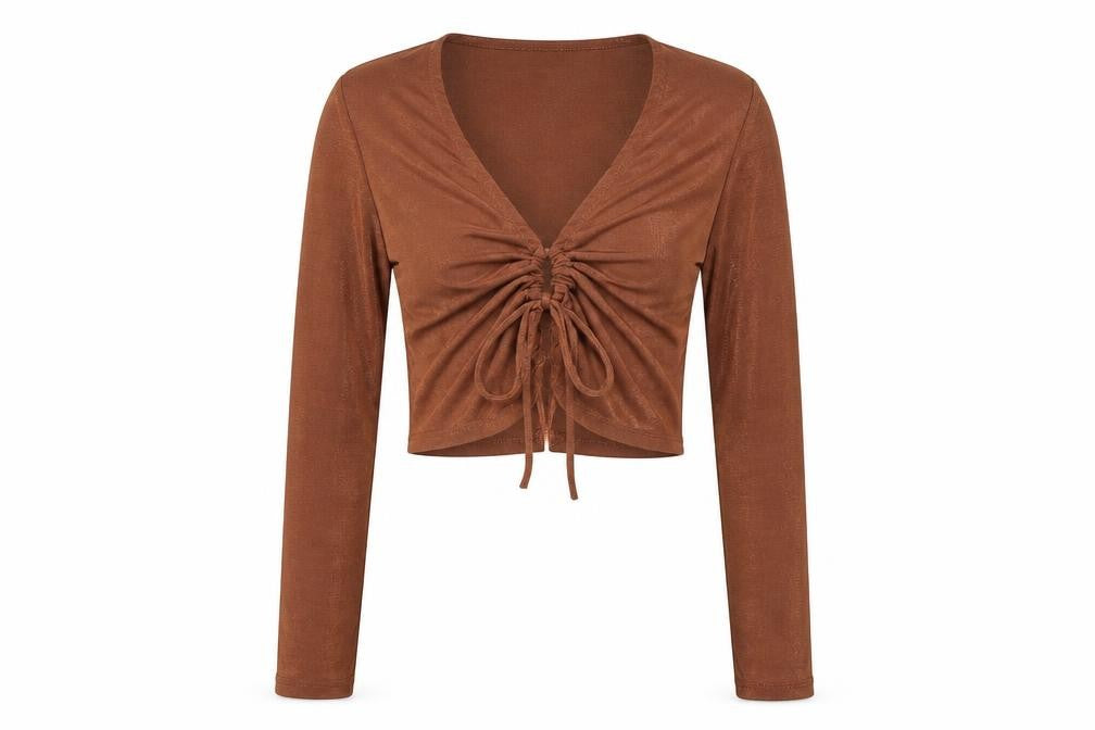 Bershka Womens Brown Polyester Cropped Blouse Size L V-Neck