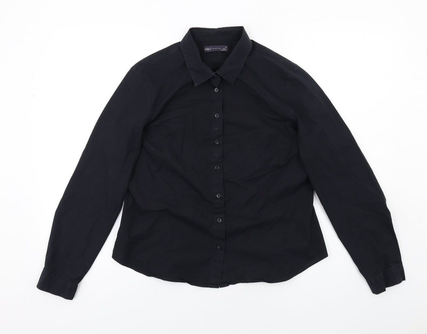 Marks and Spencer Womens Black Cotton Basic Button-Up Size 14 Collared