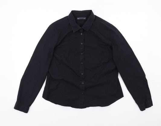 Marks and Spencer Womens Black Cotton Basic Button-Up Size 14 Collared