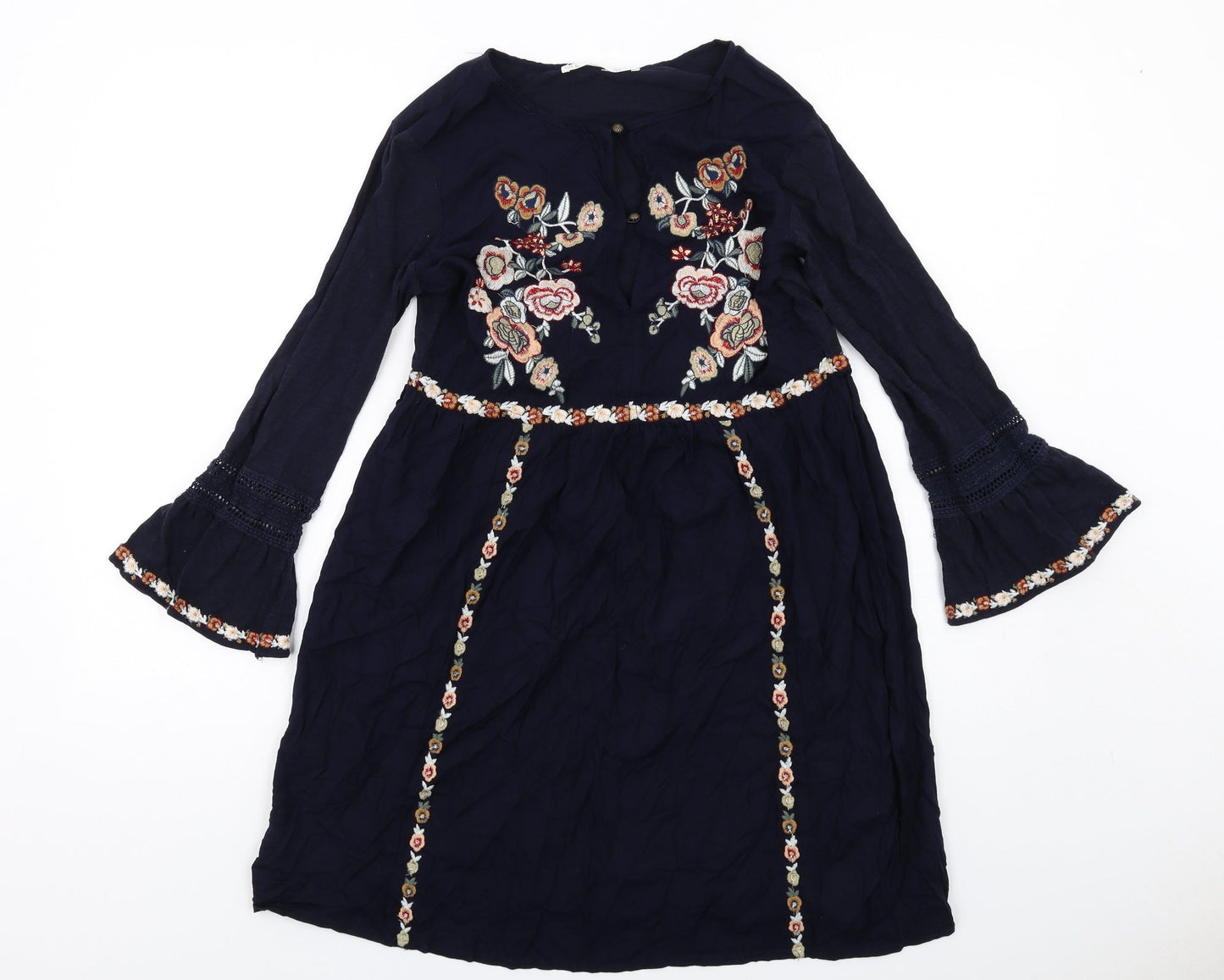 Sfera Womens Blue Floral Viscose Mini Size S Boat Neck Pullover - Flared Sleeve