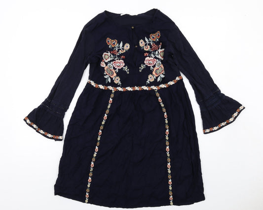Sfera Womens Blue Floral Viscose Mini Size S Boat Neck Pullover - Flared Sleeve