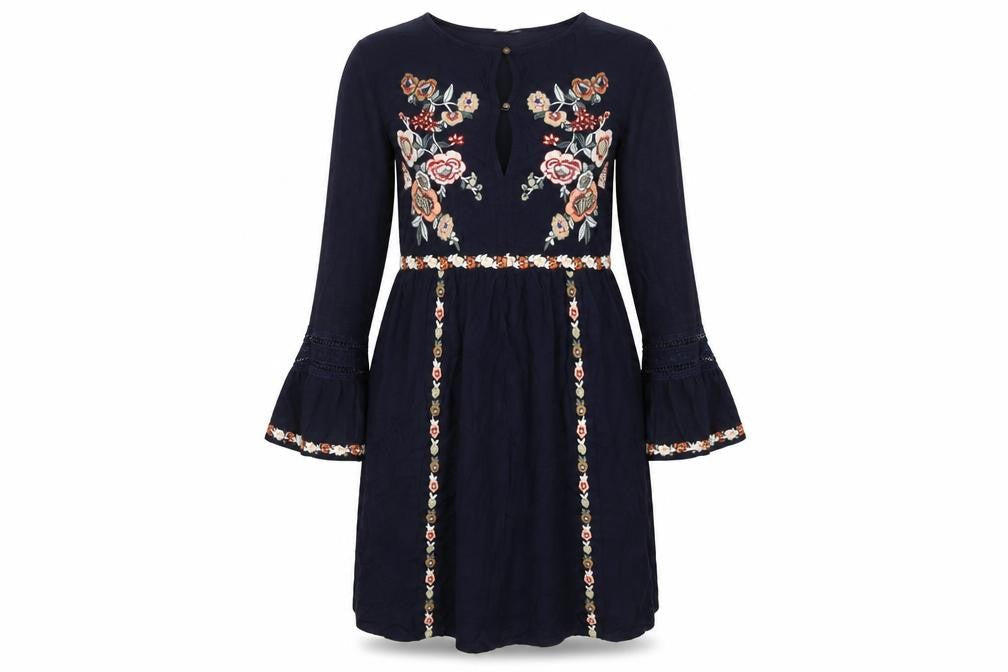 Sfera Womens Blue Floral Viscose Mini Size S Boat Neck Pullover - Flared Sleeve