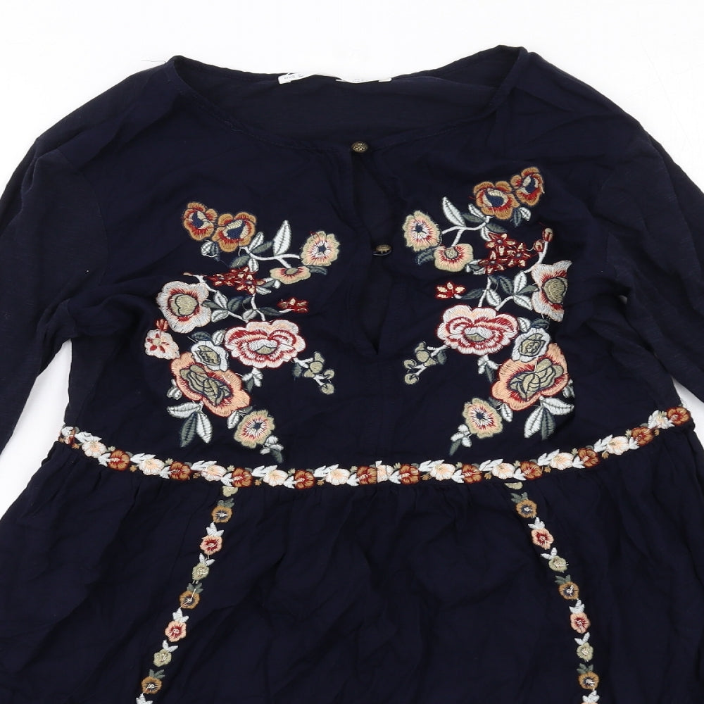 Sfera Womens Blue Floral Viscose Mini Size S Boat Neck Pullover - Flared Sleeve