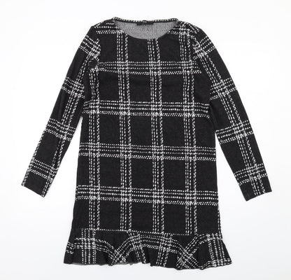 Next Womens Black Plaid Polyester A-Line Size 10 Round Neck Pullover