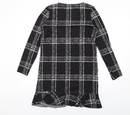 Next Womens Black Plaid Polyester A-Line Size 10 Round Neck Pullover