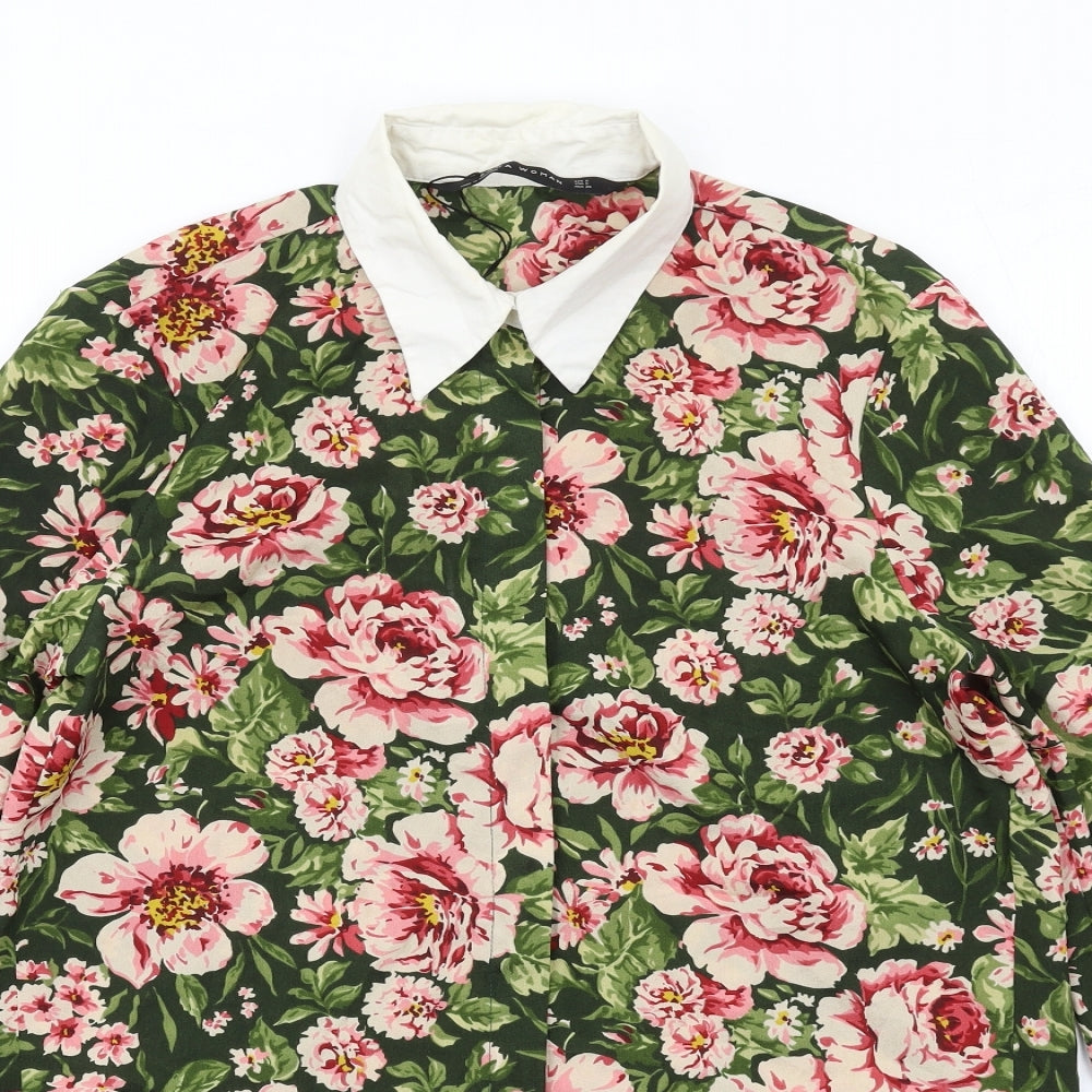Zara Womens Multicoloured Floral Polyester Basic Button-Up Size S Collared