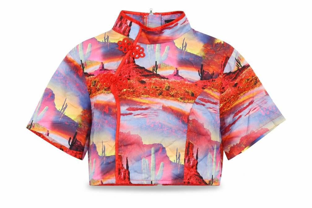 PRETTYLITTLETHING Womens Multicoloured Geometric Polyester Basic Blouse Size 10 Mock Neck