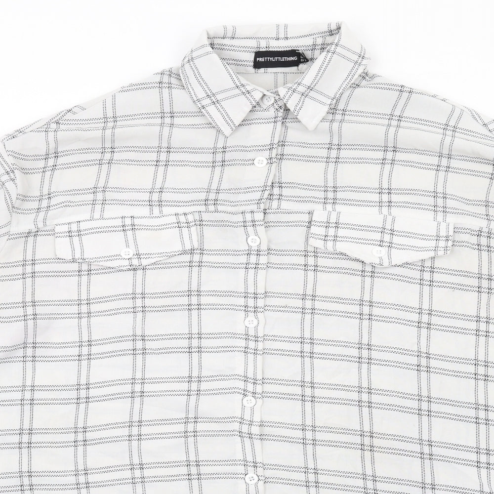 PRETTYLITTLETHING Womens White Check Polyester Basic Button-Up Size 10 Collared