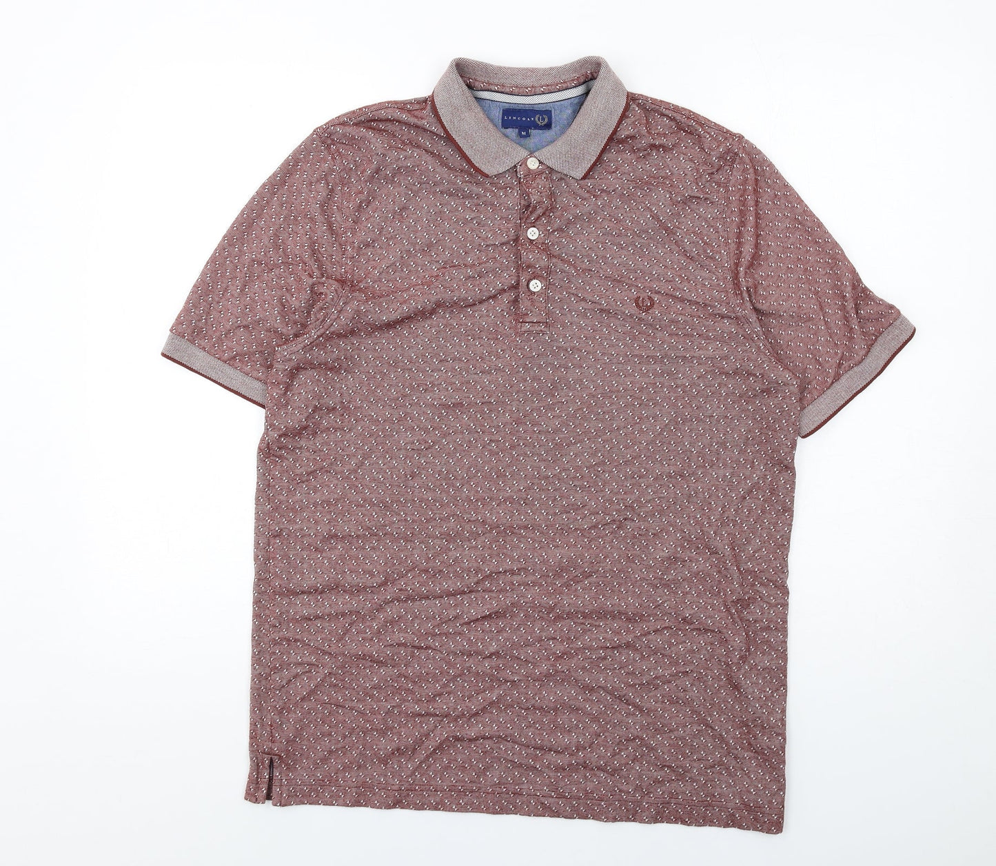 Lincoln Mens Red Geometric Polyester Polo Size M Collared Button