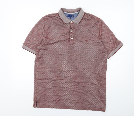 Lincoln Mens Red Geometric Polyester Polo Size M Collared Button