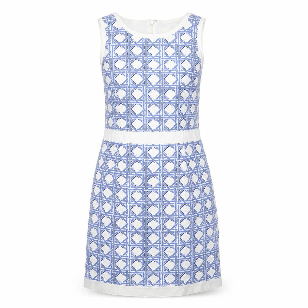 Brooks Brothers Womens Blue Geometric Cotton Shift Size 4 Round Neck Zip