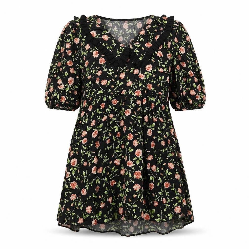 Faith Womens Black Floral Viscose A-Line Size 12 Collared Pullover