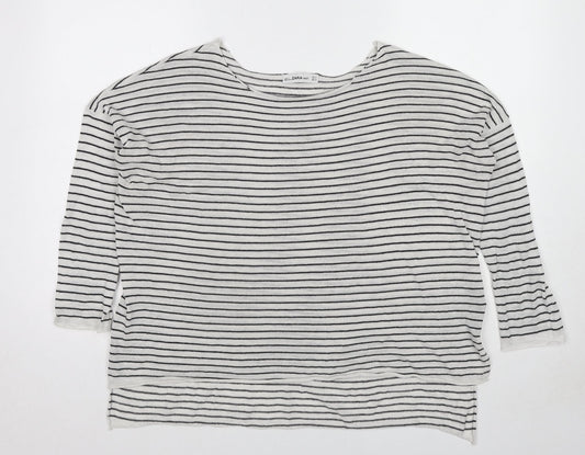 Zara Womens White Round Neck Striped Polyester Pullover Jumper Size S