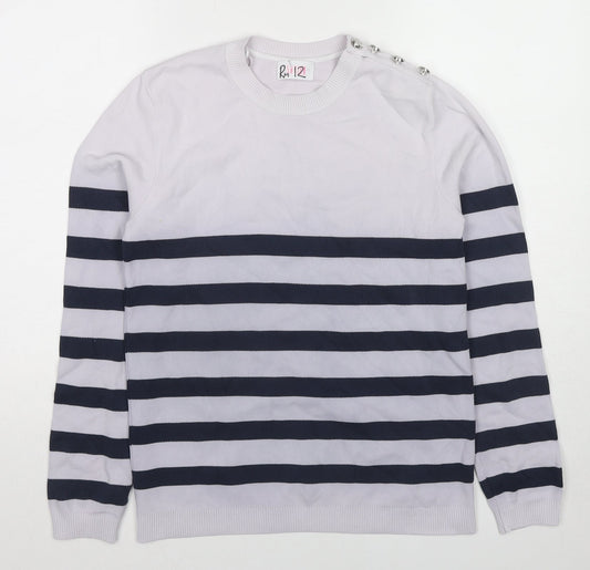 Savida Womens Blue Round Neck Striped Polyamide Pullover Jumper Size L