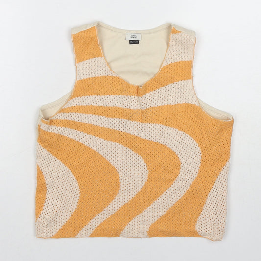 River Island Girls Beige Geometric Cotton Basic Tank Size 13-14 Years Round Neck Pullover