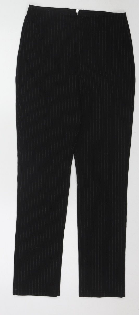 H&M Womens Black Striped Polyester Trousers Size S L27 in Regular Zip