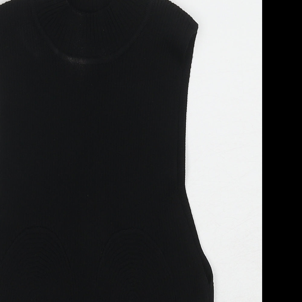 Bershka Womens Black Polyamide Basic Blouse Size L High Neck - Ribbed Chain Detail