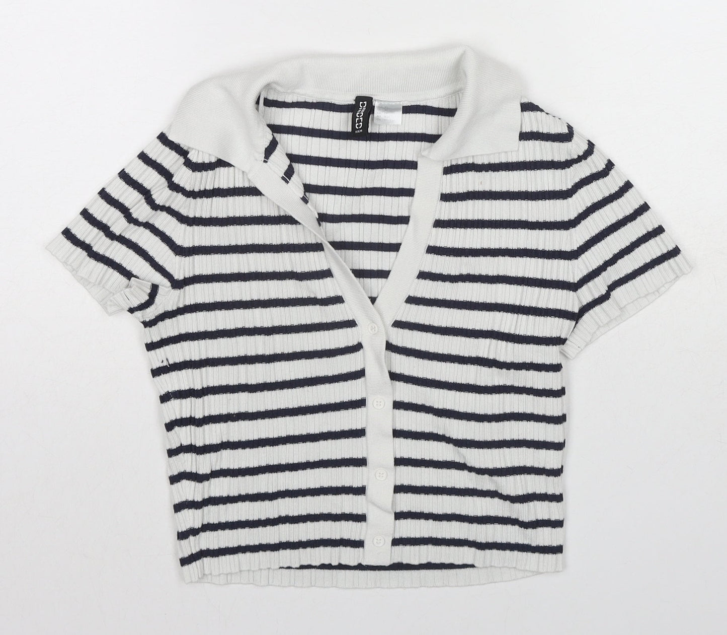 H&M Womens Blue Striped Viscose Cropped Button-Up Size XS Collared