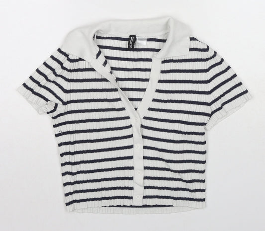 H&M Womens Blue Striped Viscose Cropped Button-Up Size XS Collared