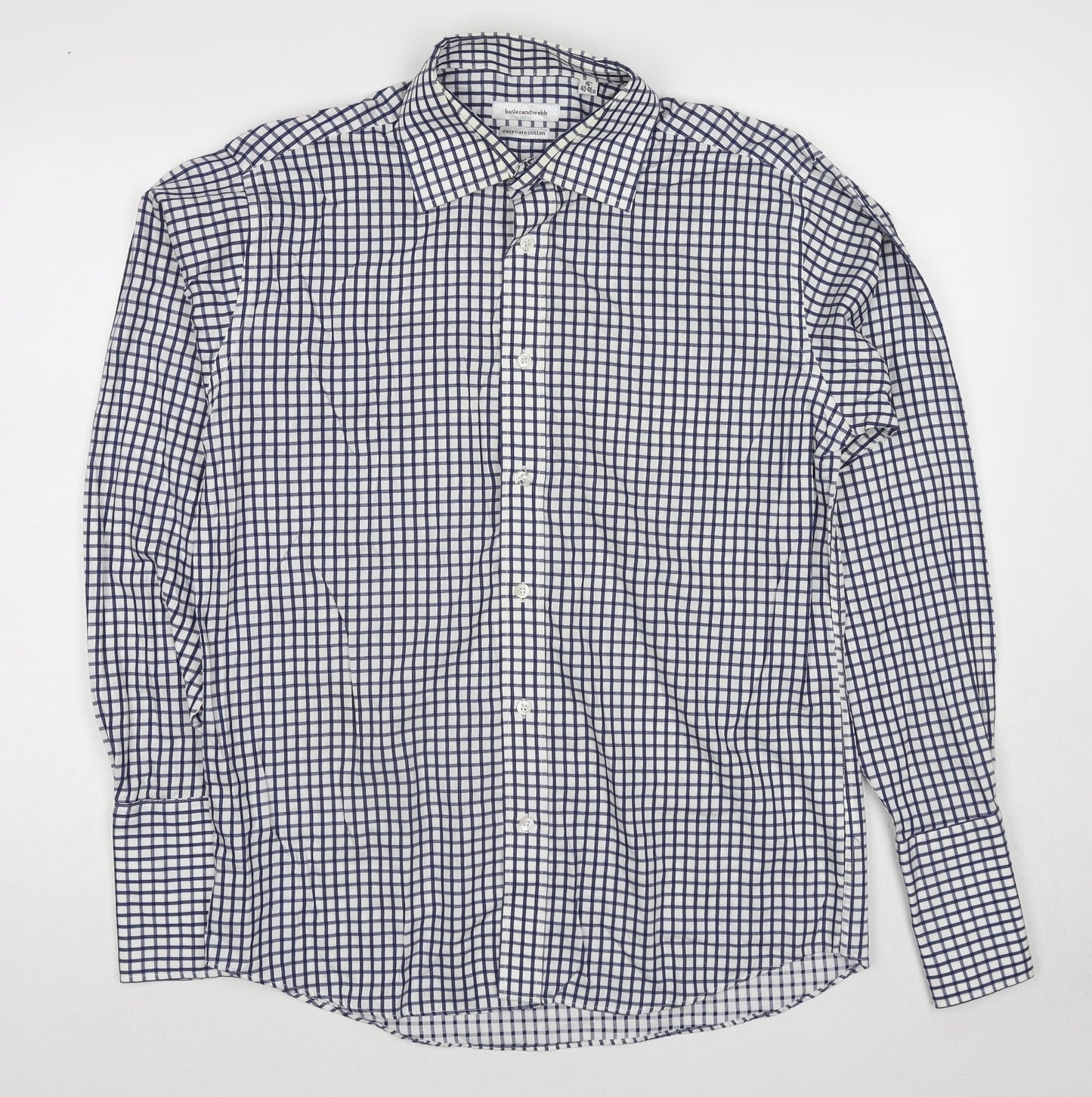 Butler and Webb Mens Blue Check Cotton Button-Up Size 16 Collared Button