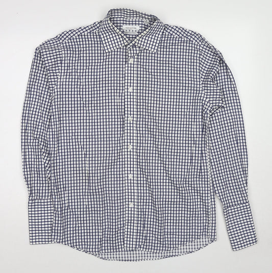 Butler and Webb Mens Blue Check Cotton Button-Up Size 16 Collared Button
