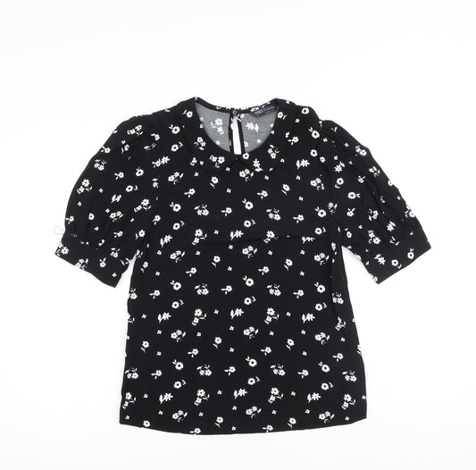 Marks and Spencer Womens Black Floral Viscose Basic Blouse Size 6 Round Neck