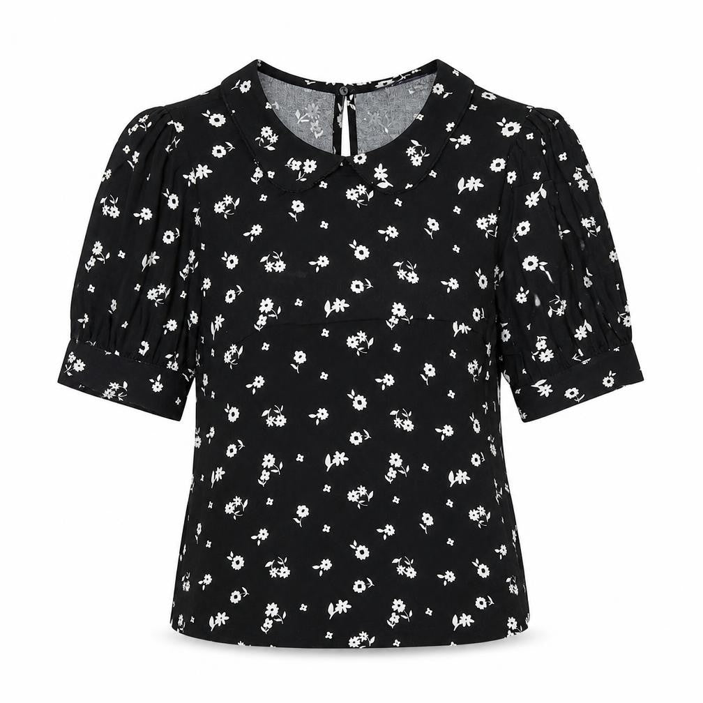 Marks & Spencer Womens Black Floral Viscose Basic Blouse Size 6 Round Neck