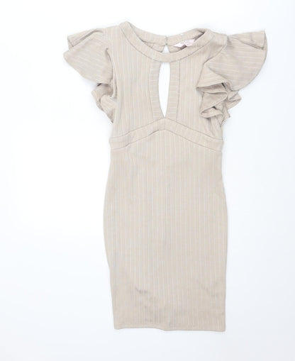 Additional front view of Miss Selfridge women’s beige polyester bodycon, size UK 6, boat neck zip