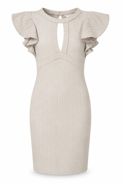 Front view of Miss Selfridge women’s beige polyester bodycon, size UK 6, boat neck zip