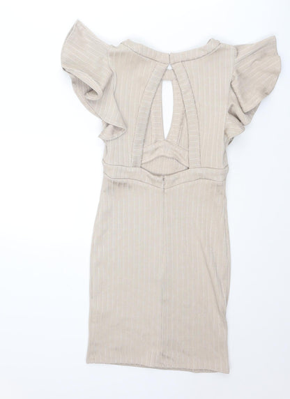 Back view of Miss Selfridge women’s beige polyester bodycon, size UK 6, boat neck zip