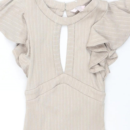 Close-up detail of Miss Selfridge women’s beige polyester bodycon, size UK 6, boat neck zip