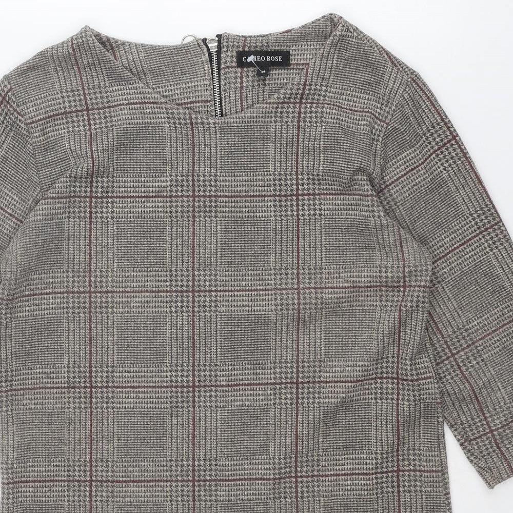 Cameo Rose Womens Beige Plaid Polyester Shift Size M Round Neck Zip