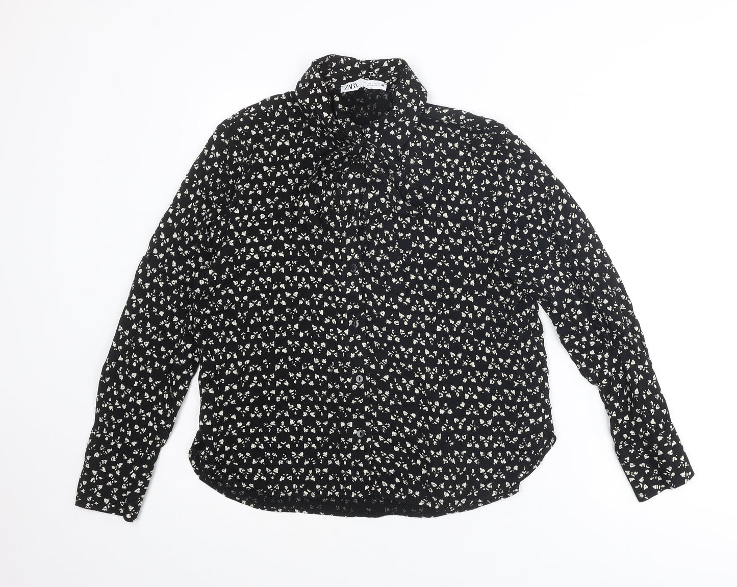Zara Womens Black Geometric Viscose Basic Button-Up Size L Collared