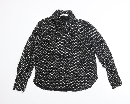Zara Womens Black Geometric Viscose Basic Button-Up Size L Collared